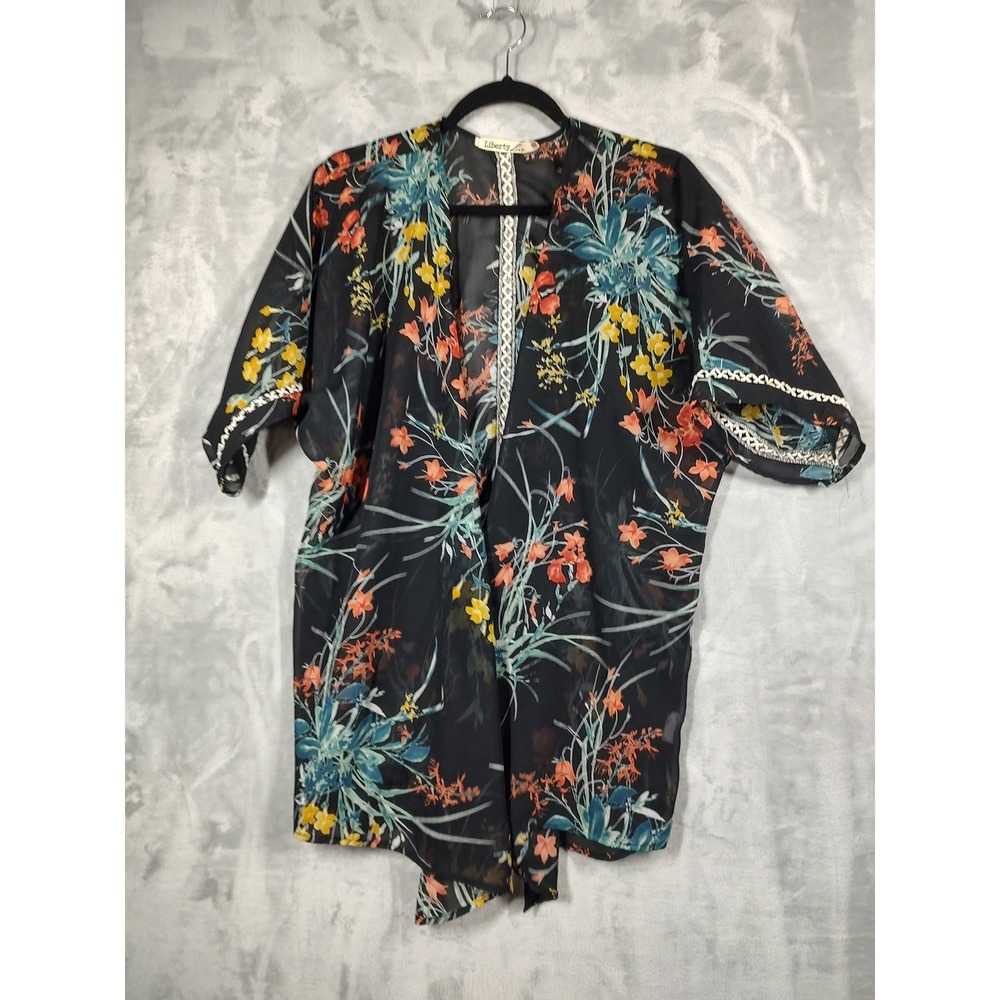 Liberty Love Black Floral Sheer Kimono Wrap Crochet Trim Boho Small